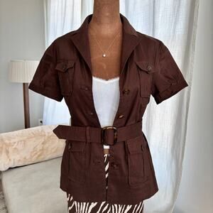 Alfani Linen Blend Utility Belted Blazer Jacket Short Sleeve Dark Brown Size 2